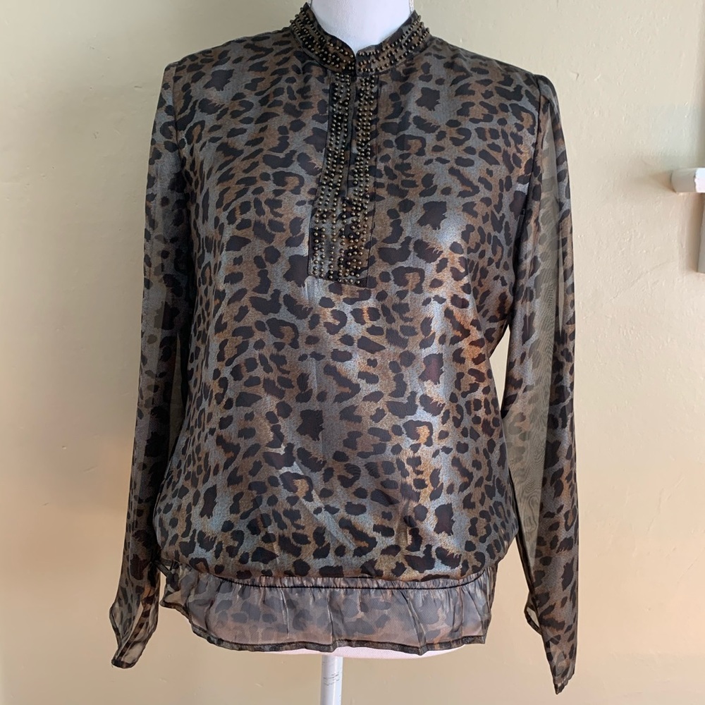 Chico’s Animal Print Beaded Neckline Gauzy Blouse, Size 4